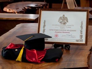 Cap and Gown, Gold Pin, and Award to George Nakashima naming him posthumously as Distinguished Academician of the Russian Academy of Arts at the meeting of the Praesidium of Academicians, September 27, 2011, Russian Academy of Arts.