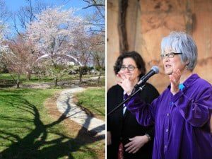 Left: Cherry Blossoms and newly completed path to the Arts Building with Conoid Studio in background. Right: Mira Nakashima and Pamela Ortiz welcoming visitors.