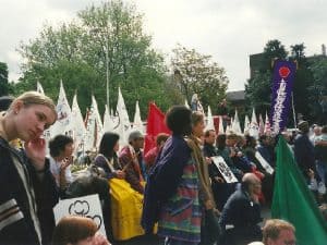 Appeals for peace outside the convention.