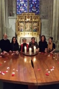 Here we are, gathered together: Board members Jon Yarnall (L), Mira Nakashima and Irene Goldman (Center), and Woodworker staff Soomi, Kim and Alex.
