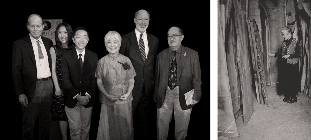 Governor's Arts Award with family. Mira selecting boards in Lumber Sheds